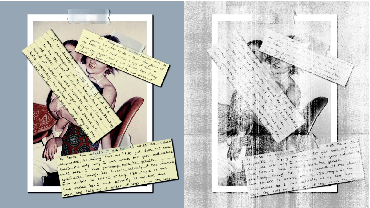 A collage of handwritten letters and photographs