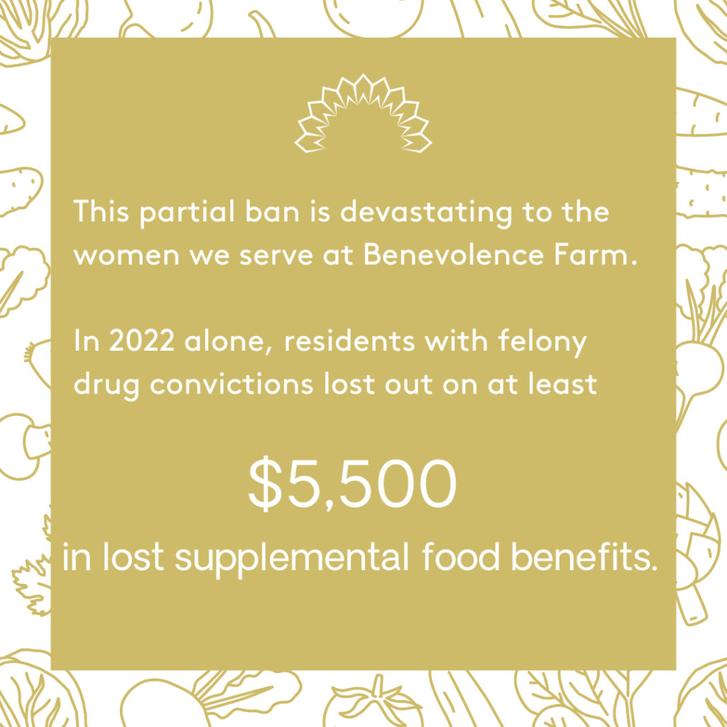 The partial ban is devastating to the women we serve at Benevolence Farm. In 2022 alone, residents with felony convictions lost out on at least $5,500 in lost supplemental food benefits.