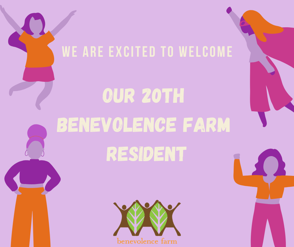 Illustrated graphic announcing Benevolence Farm's 20th resident