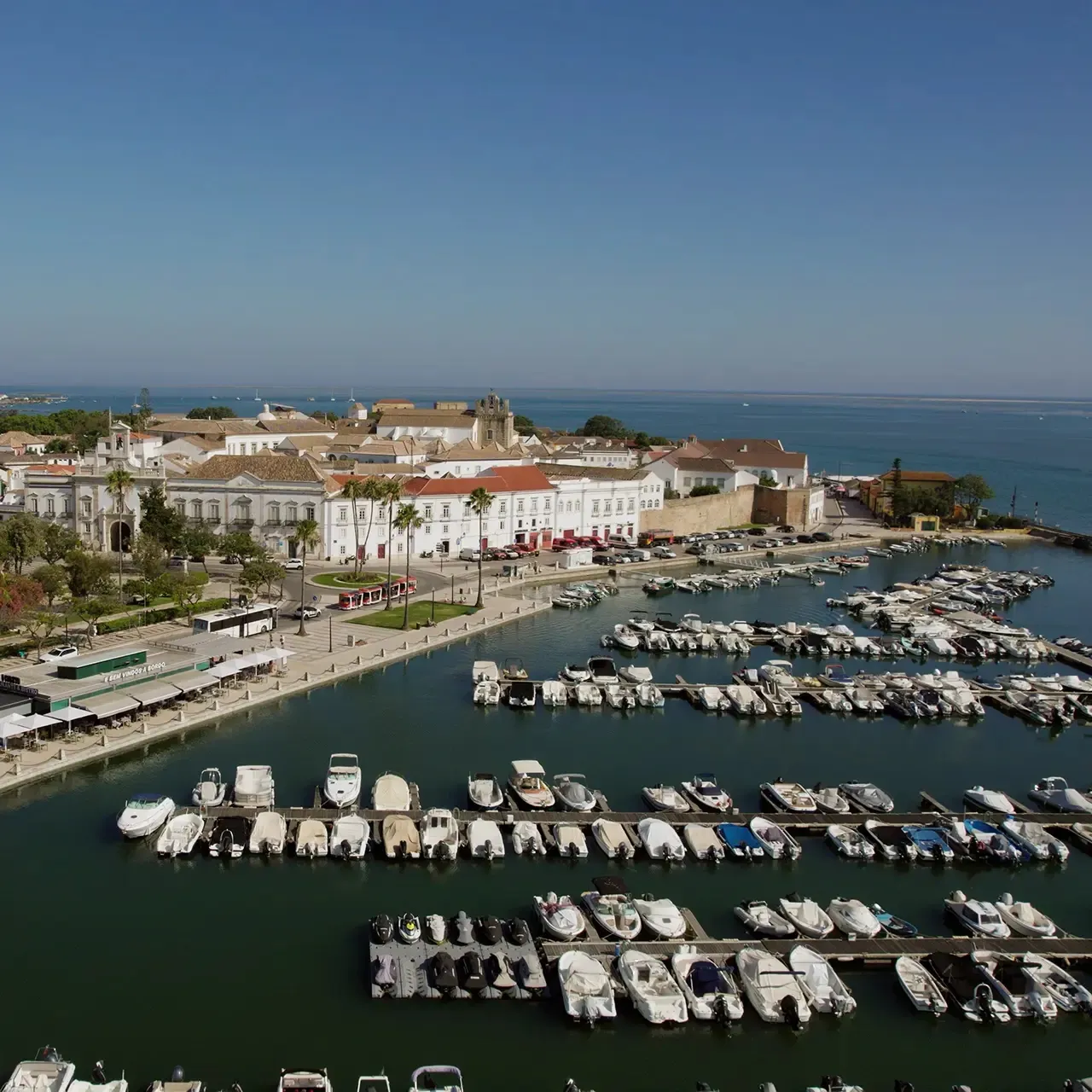 Aerial view of the Faro marina and waterfront, Portugal