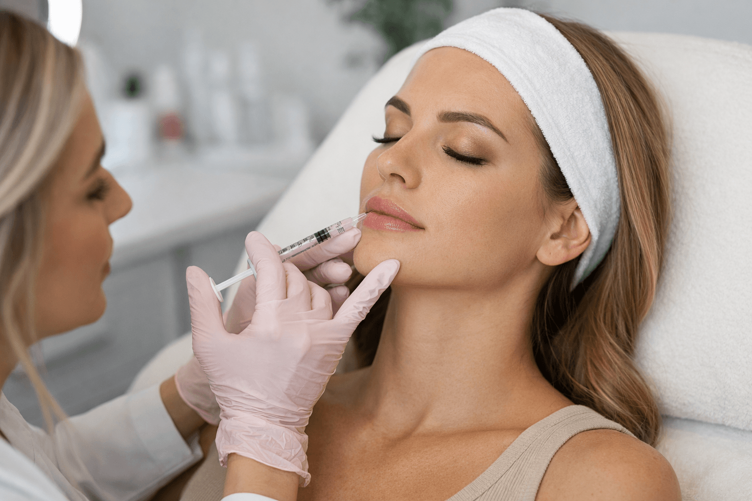 Woman receiving professional lip filler treatment at a medical spa in Old Lyme, Connecticut