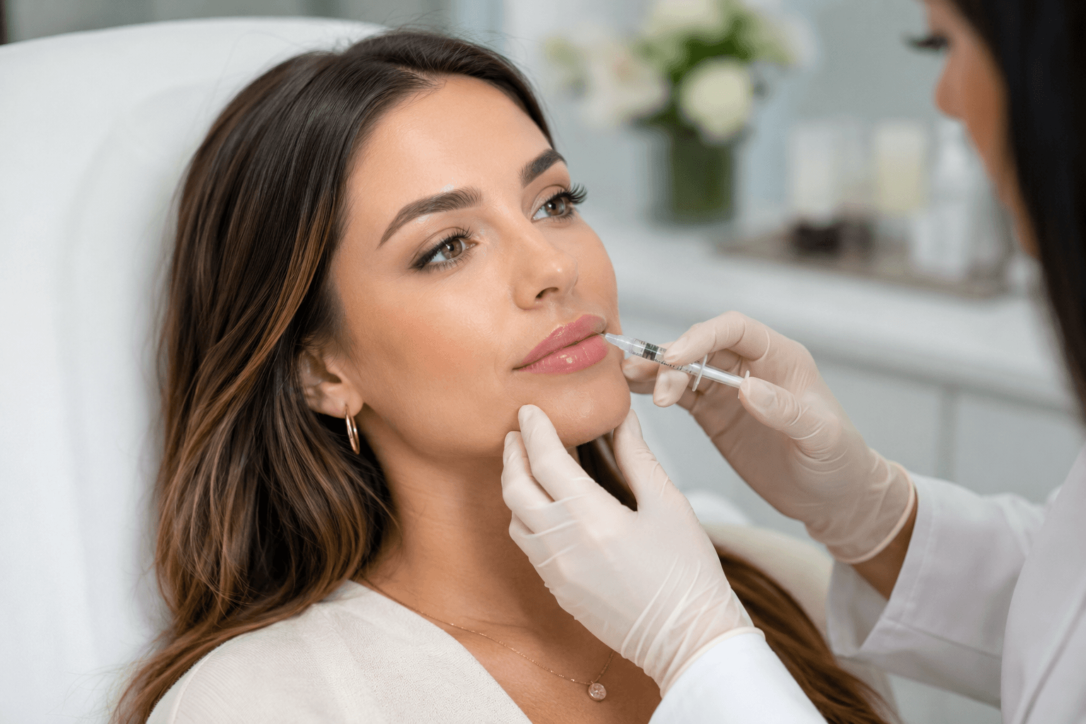 Patient receiving natural lip injections in Old Lyme, Connecticut medical aesthetics clinic