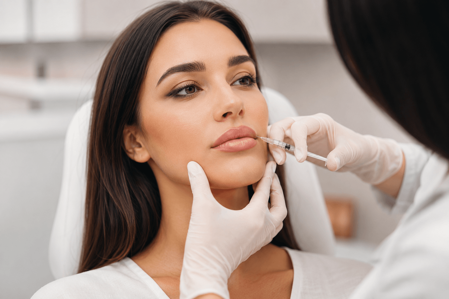 Provider performing lip injections to improve natural lip symmetry for a patient during a cosmetic consultation in Old Lyme, Connecticut.