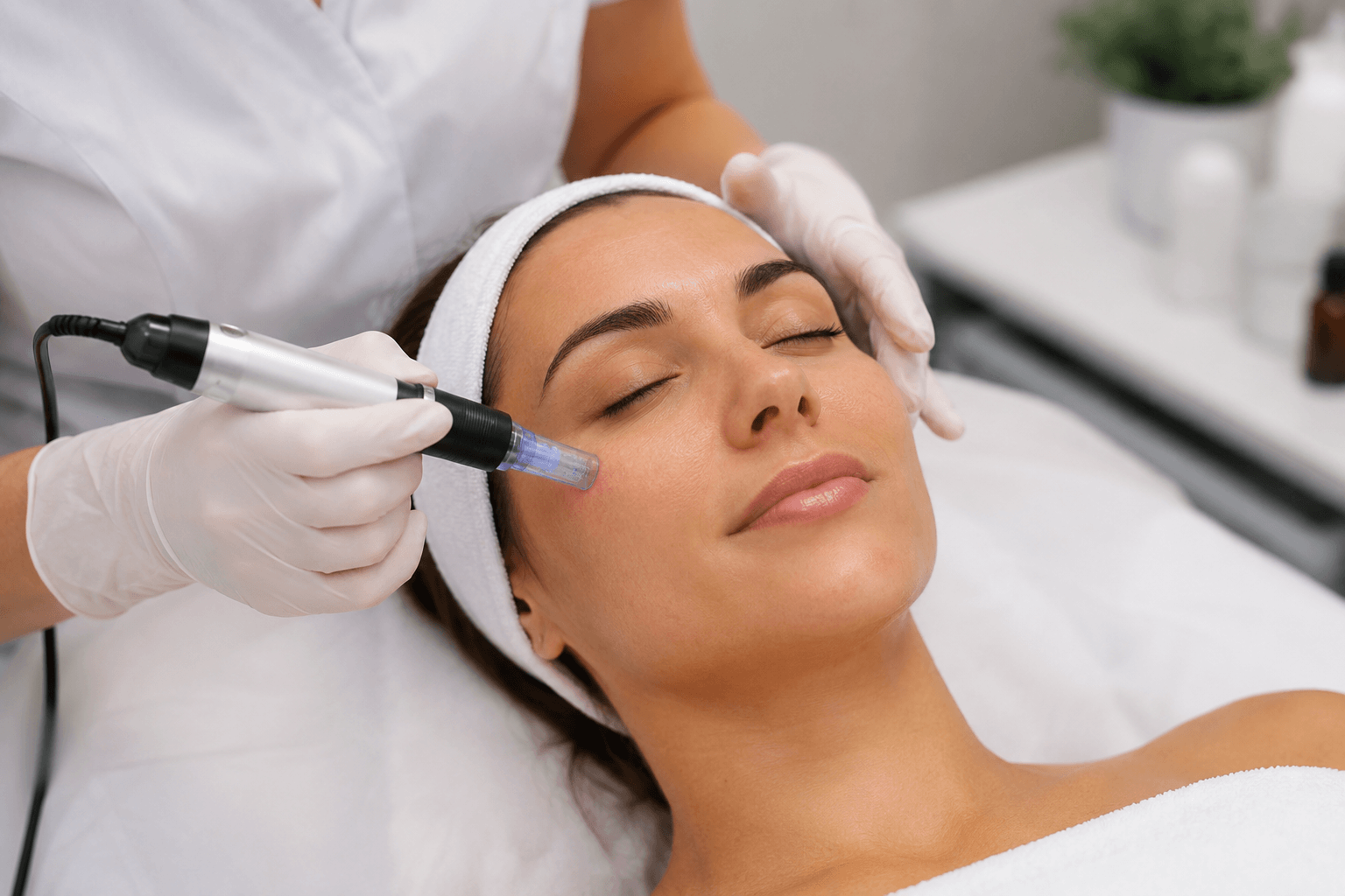 Woman receiving a professional microneedling treatment to improve fine lines and stimulate collagen production at a medical spa in Old Lyme, Connecticut.