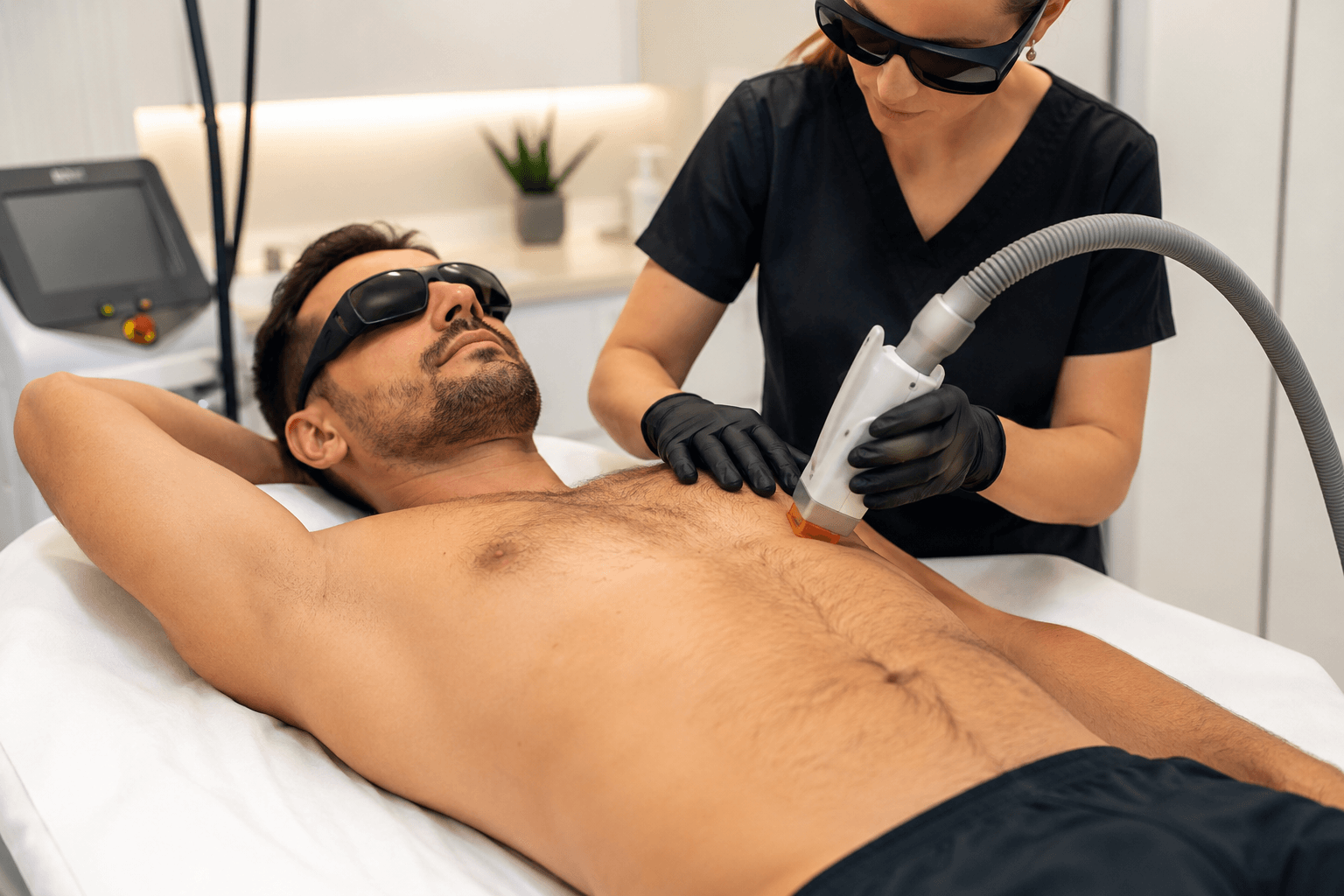 Man receiving professional laser hair removal treatment on his back at a medical aesthetics clinic in Old Lyme, Connecticut.