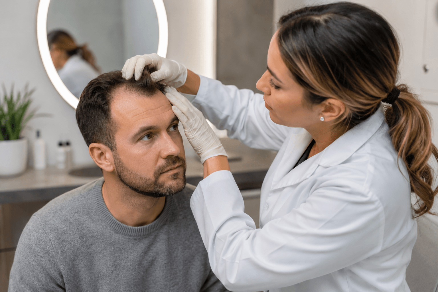 Patient consulting with a provider about PRP hair replacement using the Selphyl® PRFM system for hair restoration in Old Lyme, Connecticut.