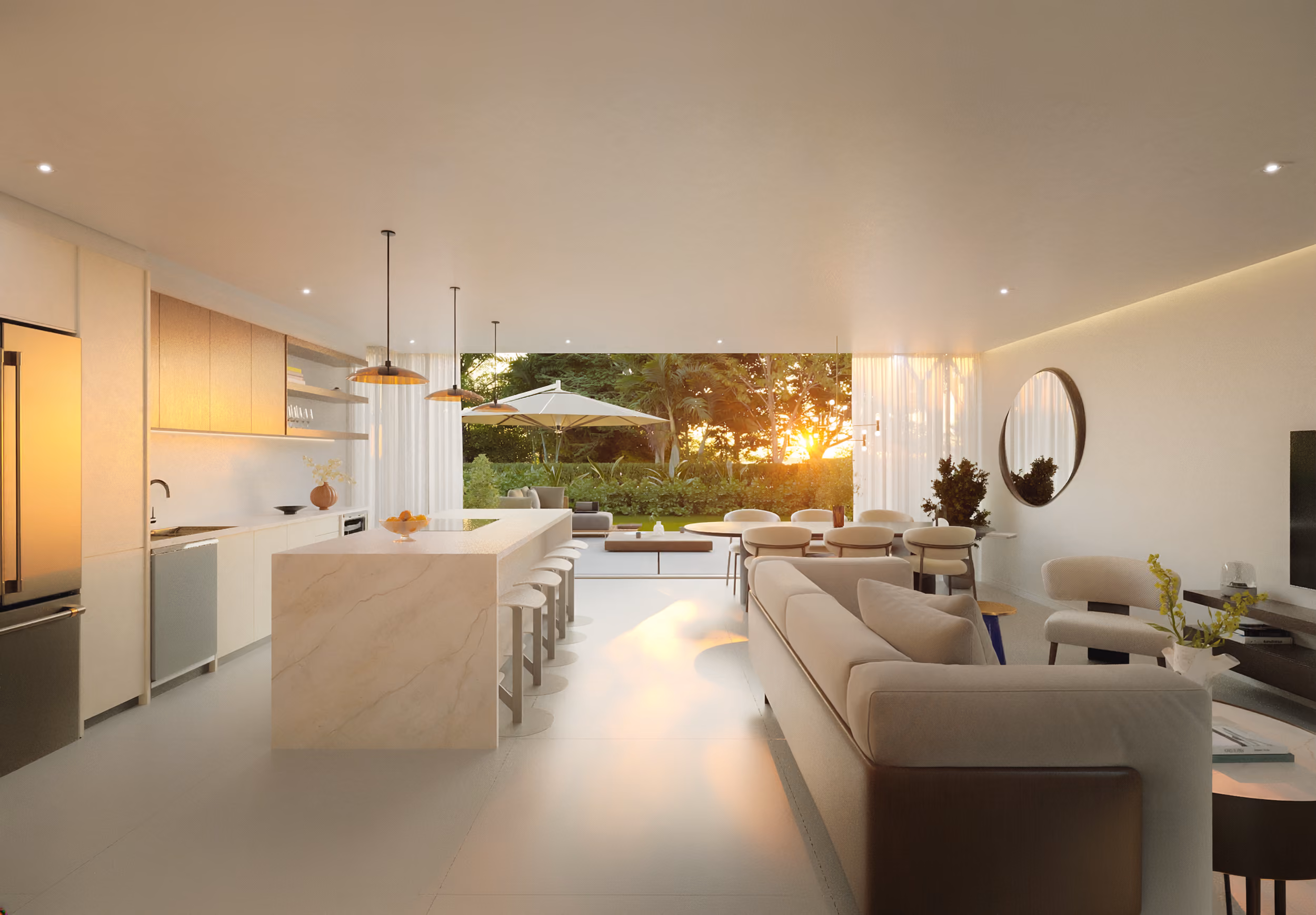 Render de vista interior de Casa Serena con vista amplia al patio.