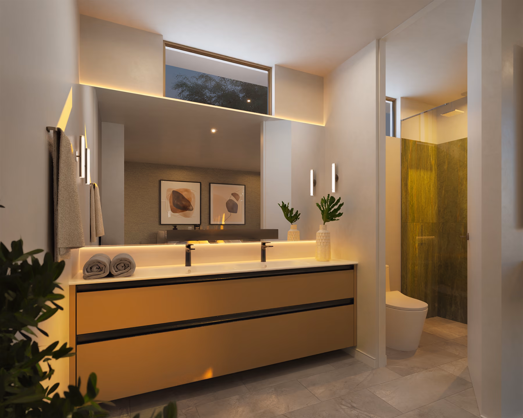 Render de baño principal en Casa Serena.