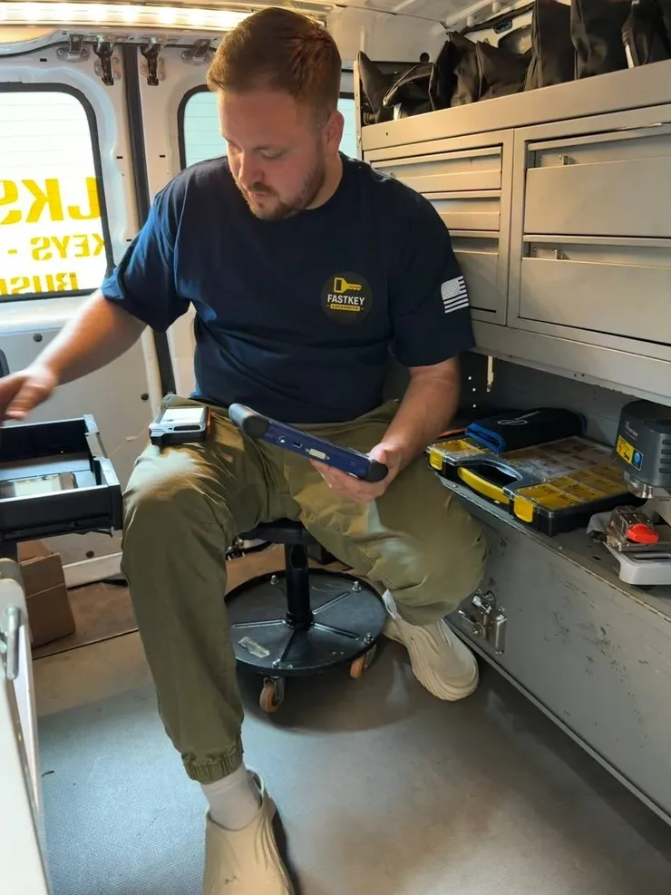 FastKey Locksmith technician programming car keys inside mobile service van in Vancouver, WA