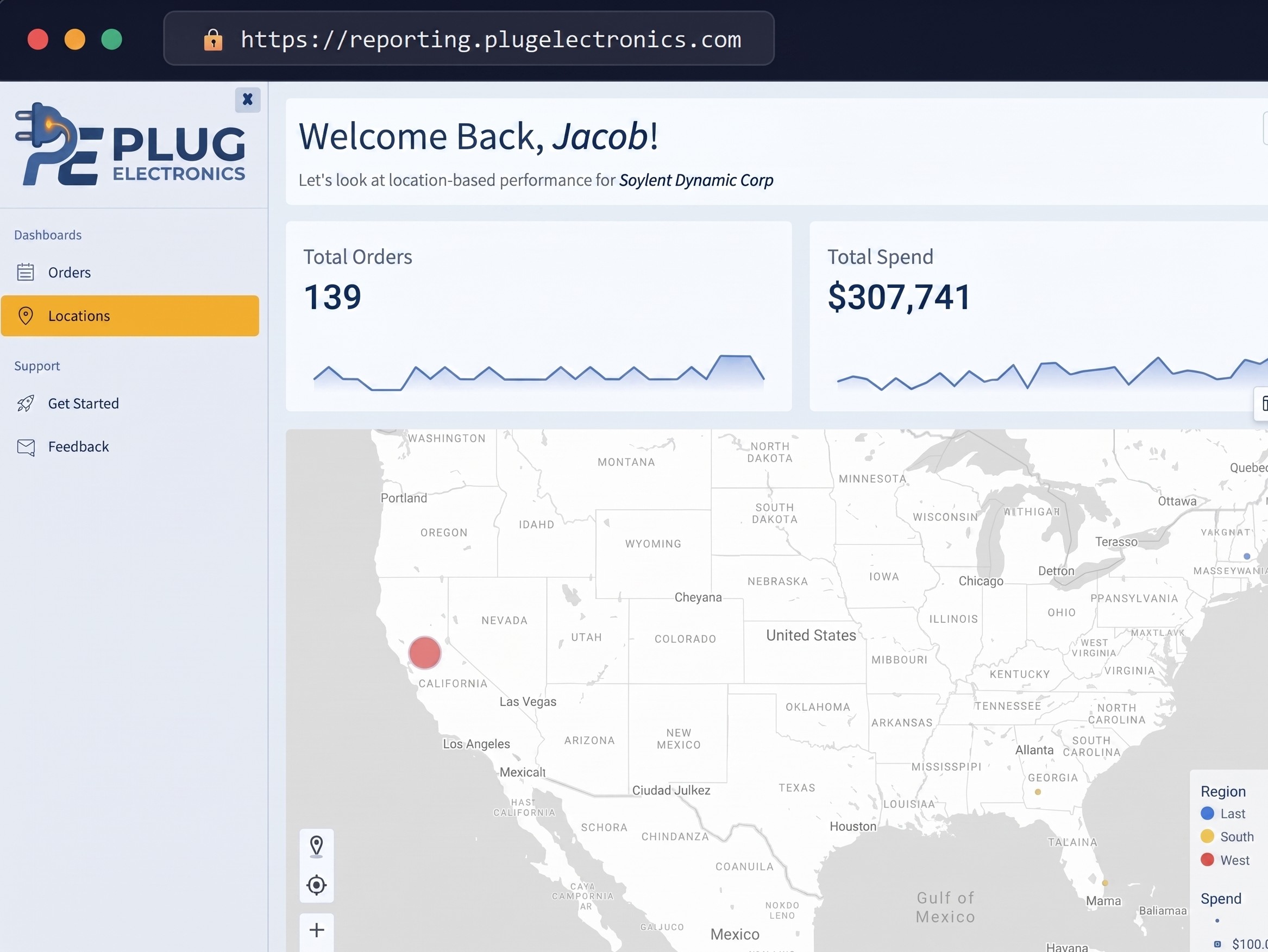 Example of a white-labeled reporting portal with a custom domain, Plug Electronics logo, and performance metrics.