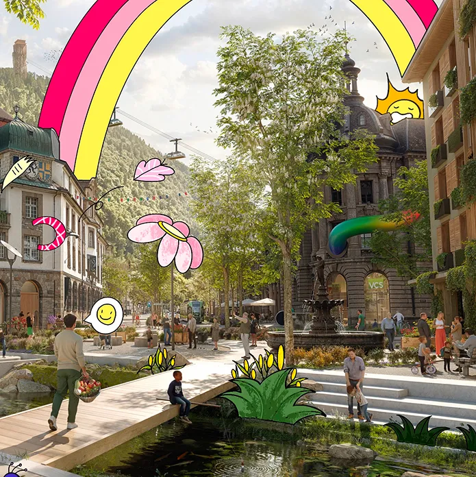 Illustrierte Stadtszene mit Regenbogen und Brunnen, Kampagnenbild #MoveTheDate
