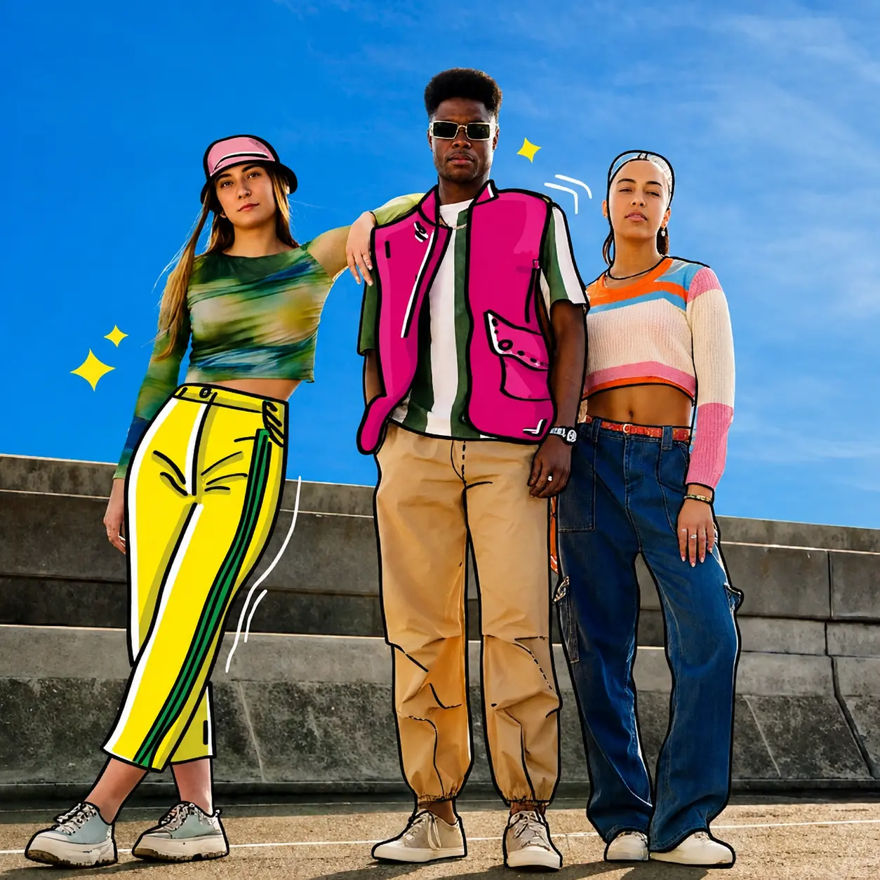 Drei junge Menschen in bunten Secondhand-Outfits, Kampagnenbild Secondhand Day
