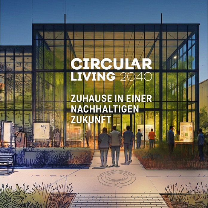 Beleuchtetes Glasgebäude mit Menschen davor, Titelbild Circular Living 2040
