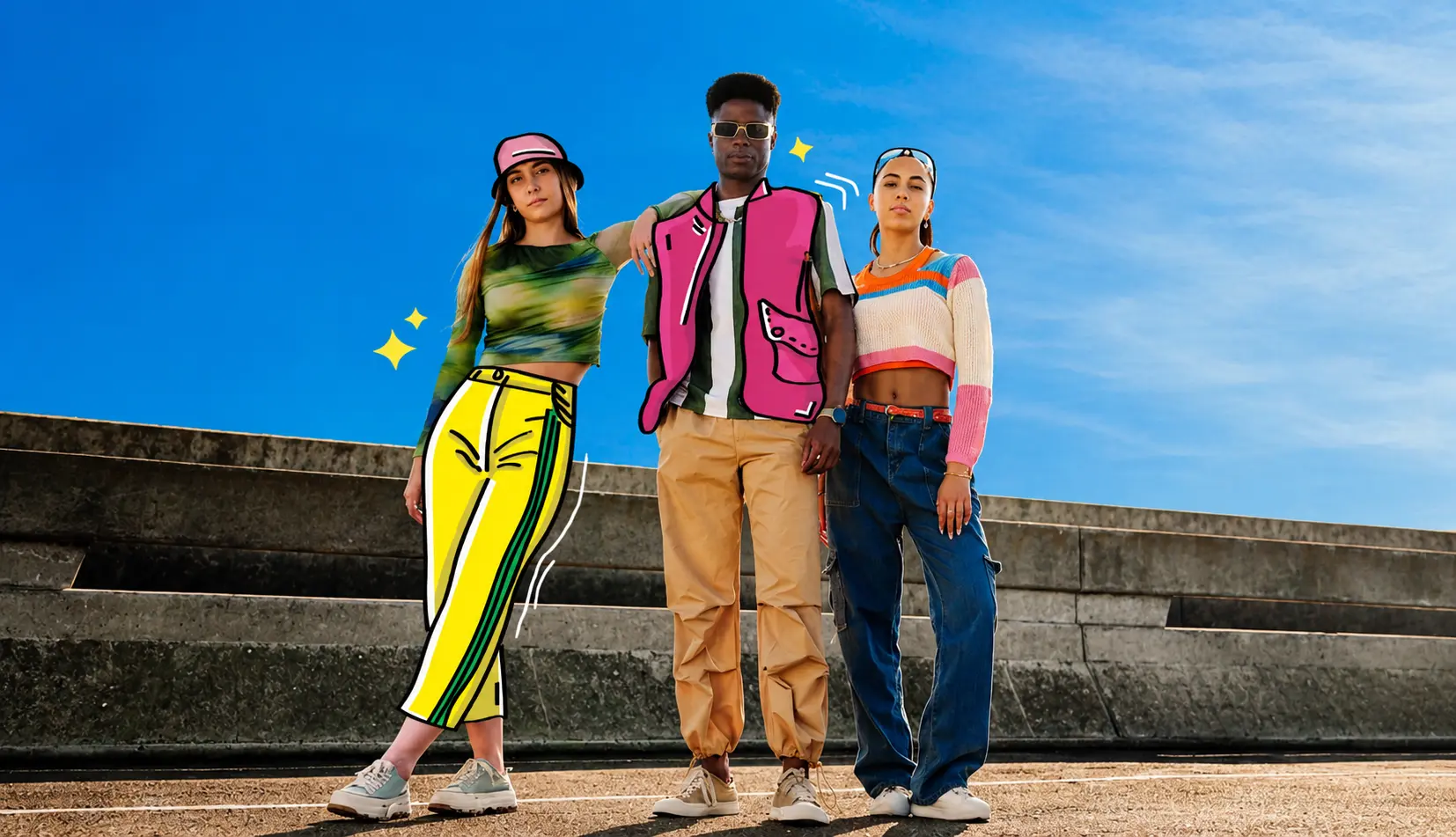 Drei junge Personen in Second-Hand-Outfits vor blauem Himmel, Keyvisual Second Hand Day