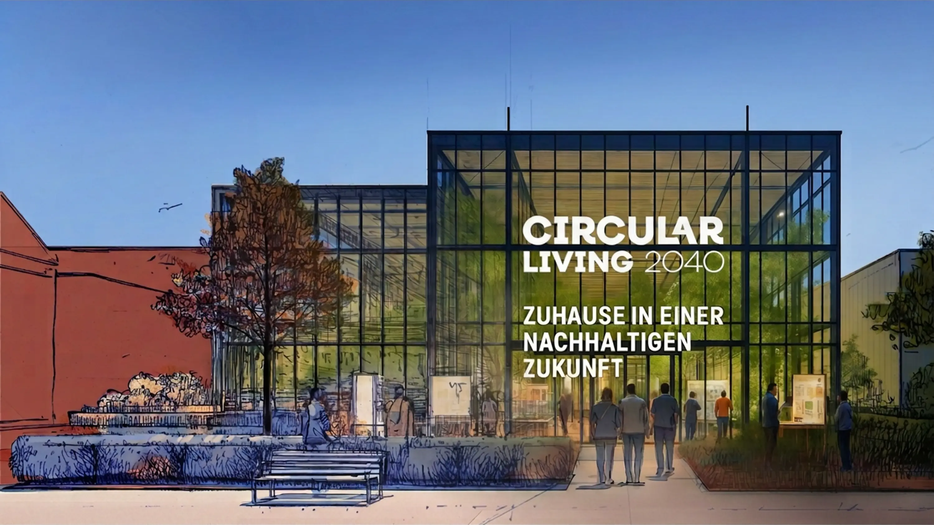 Visualisierung des Pavillons Circular Living 2040 bei Tageslicht mit Besuchenden davor