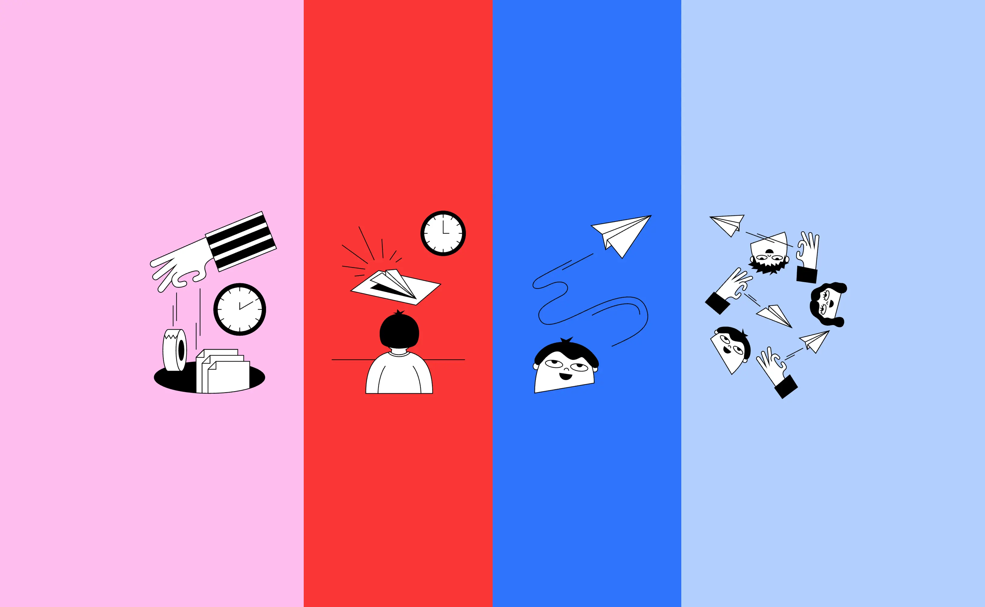 Vierteilige Illustration in Rosa, Rot und Blau zu den Wirkungsebenen Input, Output, Outcome und Impact