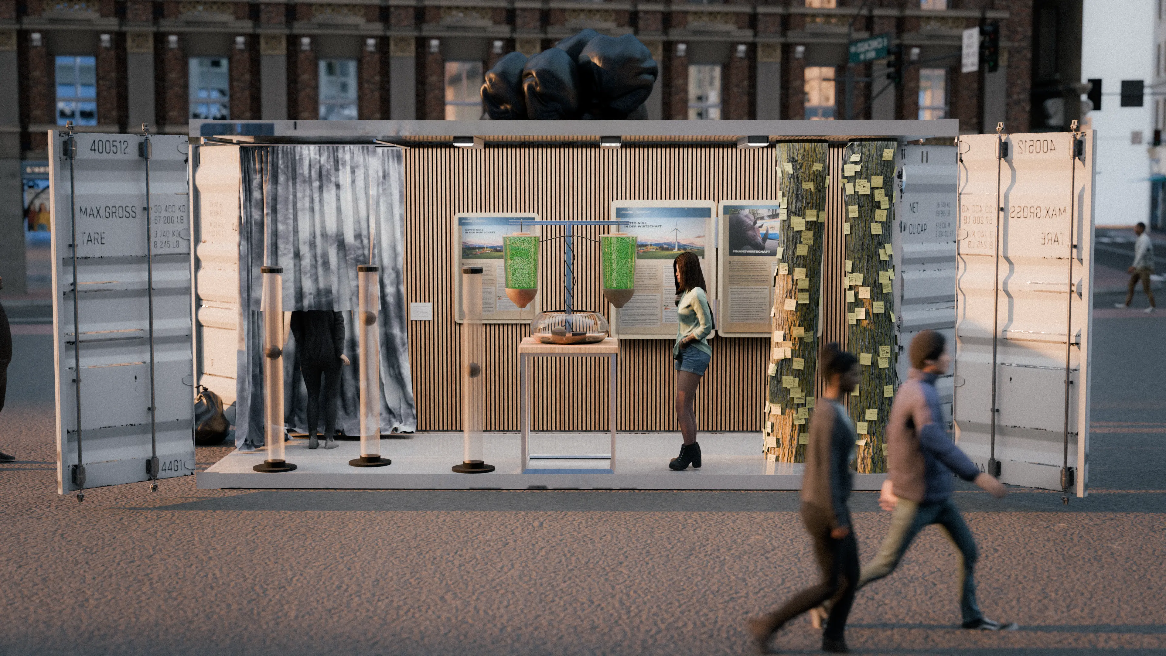 Ausstellungspavillon aus umgebauten Frachtcontainern auf einem Platz, Passantinnen und Passanten davor