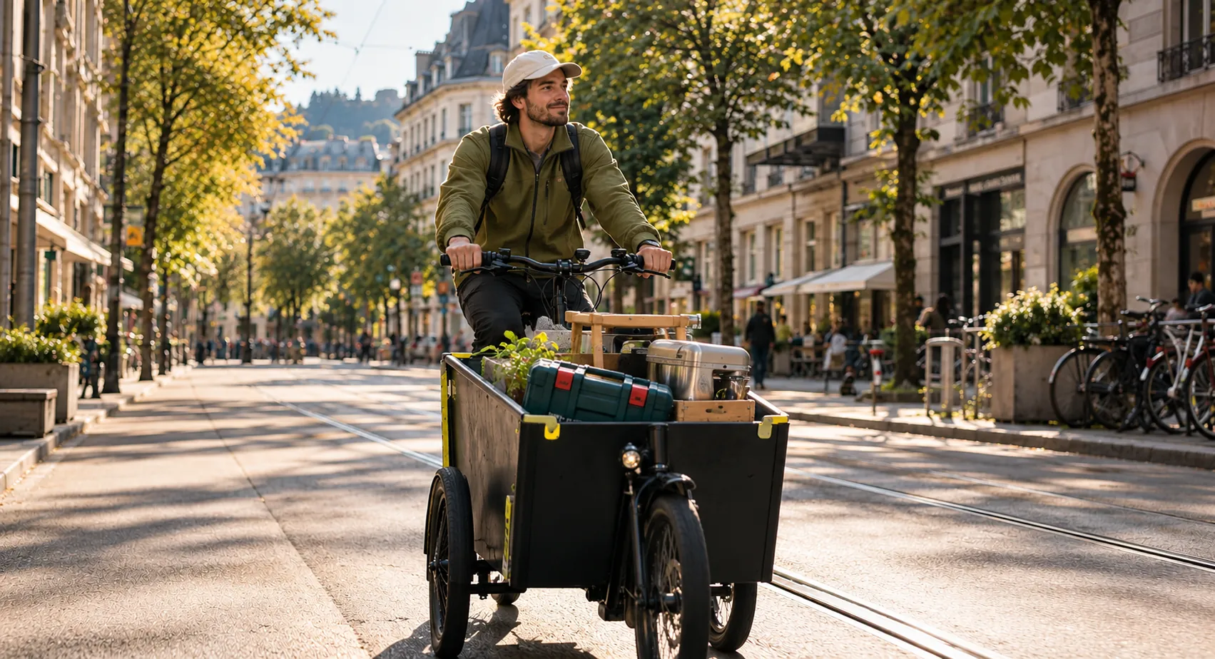 Velokurier mit Cargobike voller Werkzeug und Geräte in einer sonnigen Stadtstrasse mit Tramgleisen