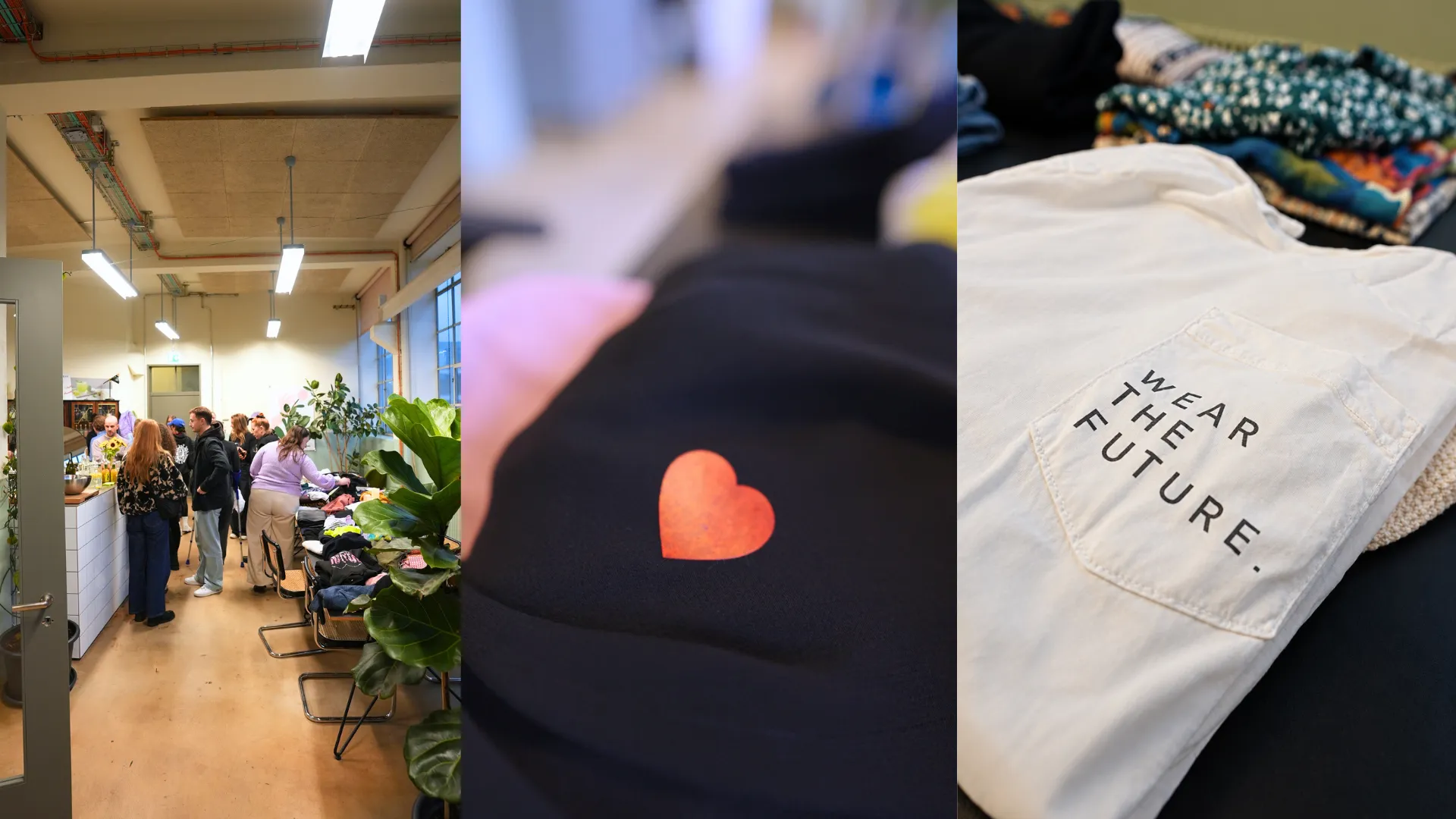 Kleidertausch-Abend in einem hellen Raum mit Kleiderständer, Pullover mit Herz und T-Shirt mit Aufdruck Wear the Future