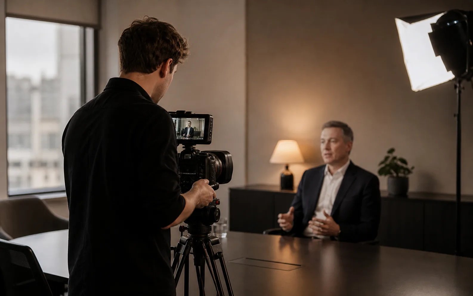 Camera operator filming a business interview in a professional office.