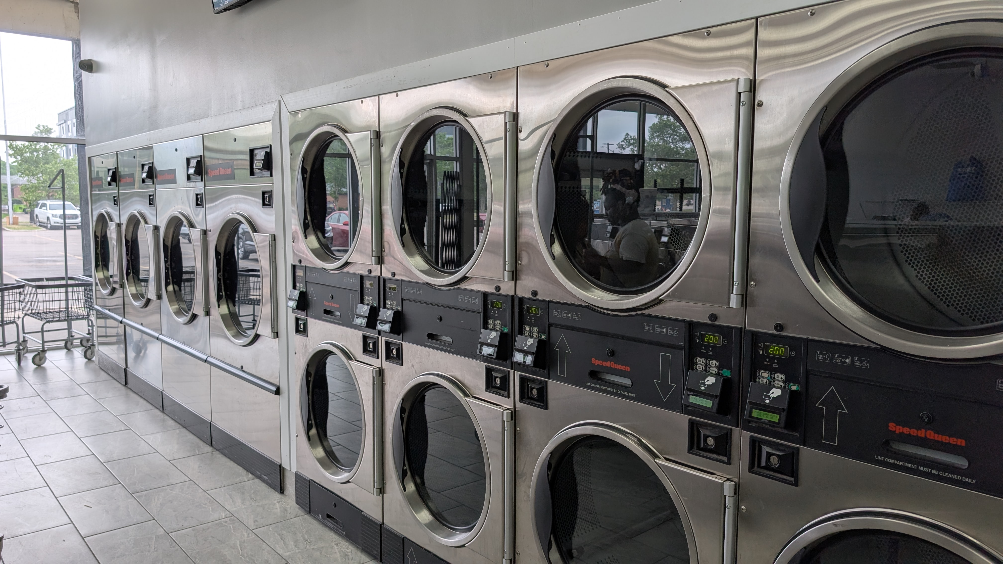Speed Queen stack dryers along the front windows at Lafayette Laundromat