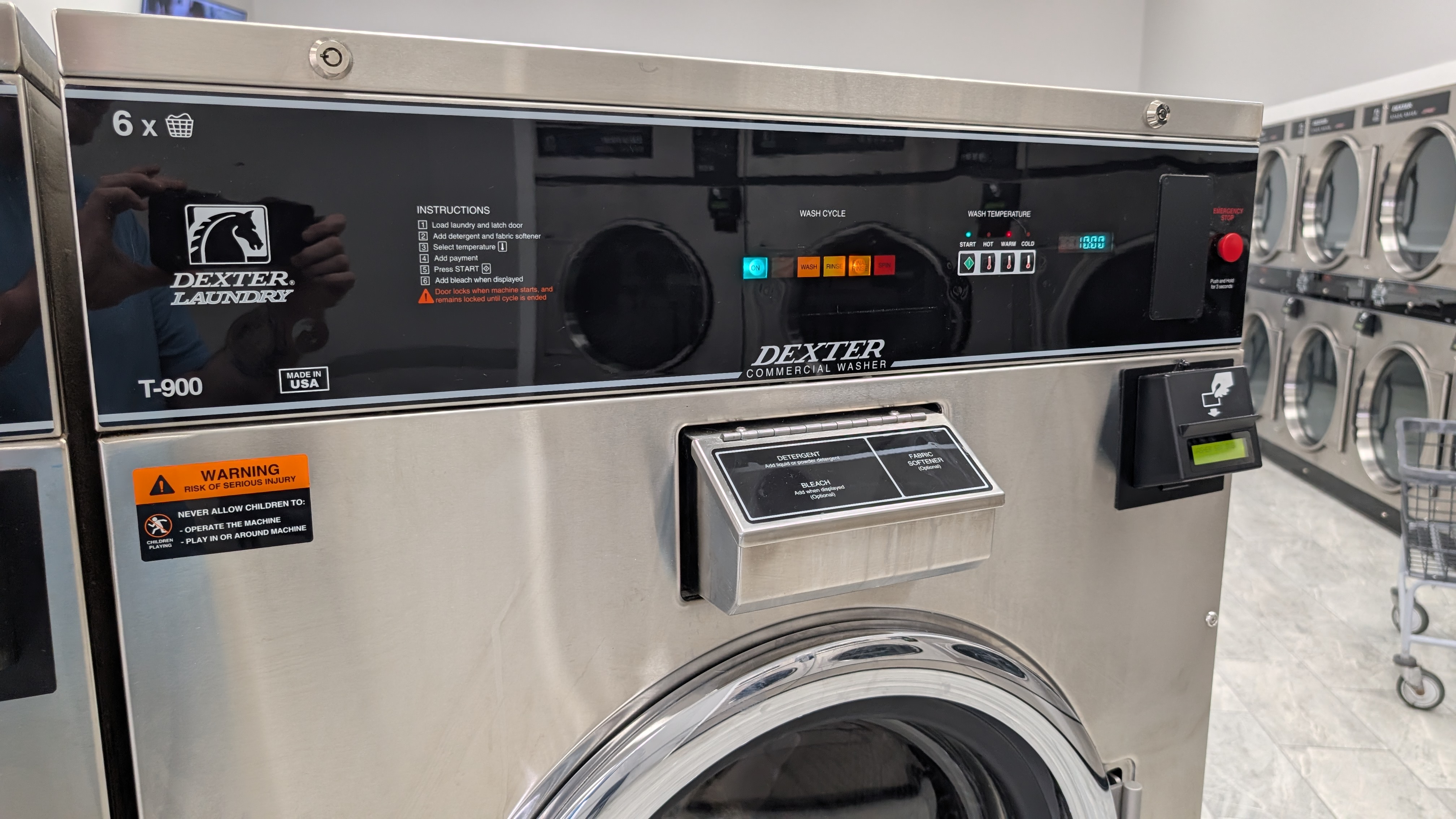 Dexter T-900 commercial washer control panel and detergent dispenser