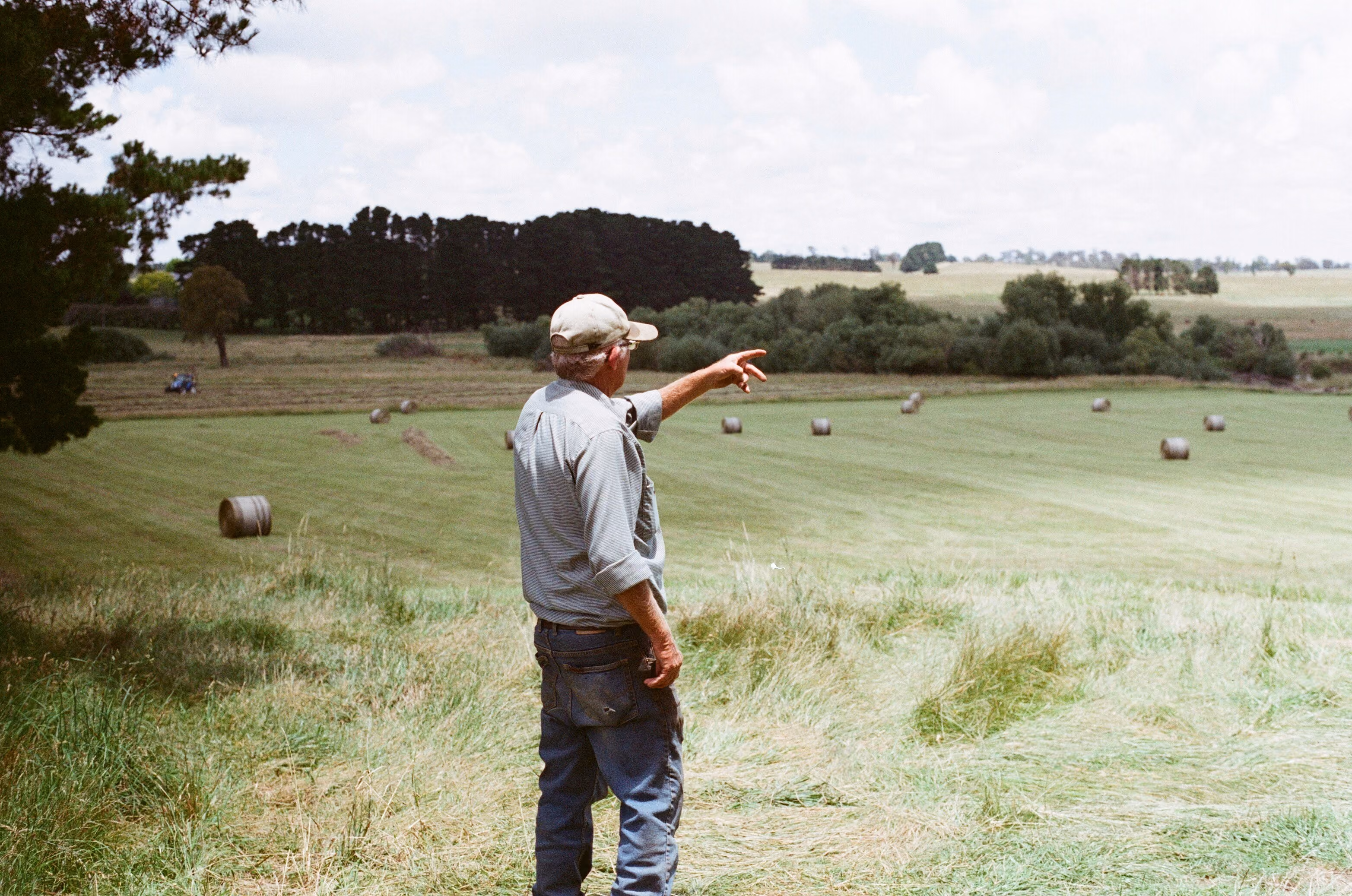 Man wearing a cap and casual work clothes standing in a grassy field pointing toward round hay bales scattered across the landscape.