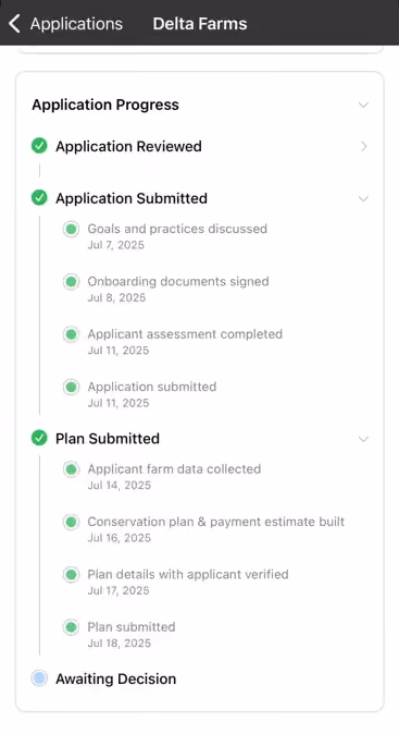 Mobile app screen titled 'Delta Farms' showing application progress with stages: Application Reviewed, Application Submitted with subitems—Goals and practices discussed Jul 7, Onboarding documents signed Jul 8, Applicant assessment completed and Application submitted Jul 11; Plan Submitted with subitems—Applicant farm data collected Jul 14, Conservation plan & payment estimate built Jul 16, Plan details with applicant verified Jul 17, Plan submitted Jul 18; status at Awaiting Decision.