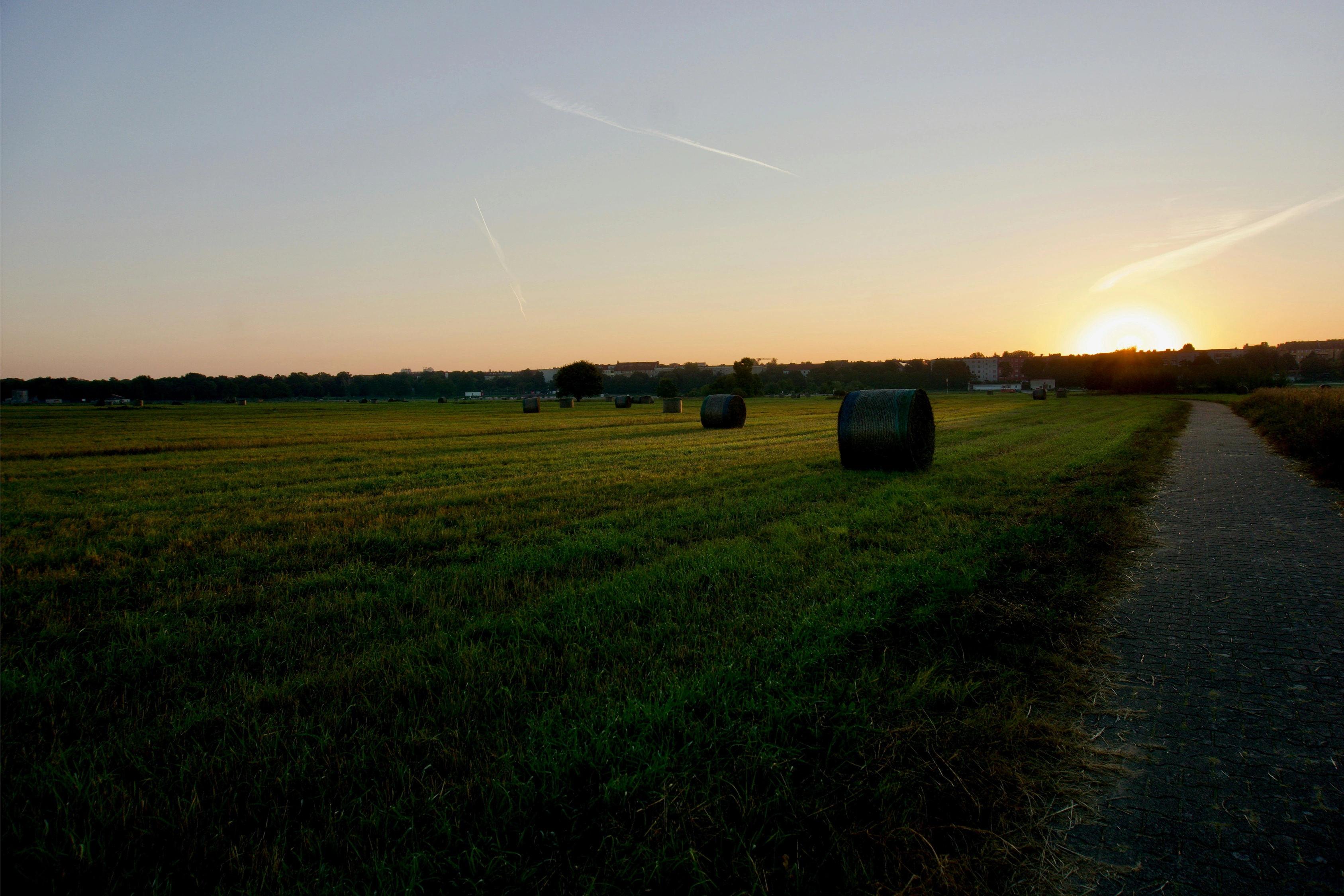 Sunset over a large green field with several round hay bales scattered across it, a single tree near the center, and a paved path running along the right side of the field.