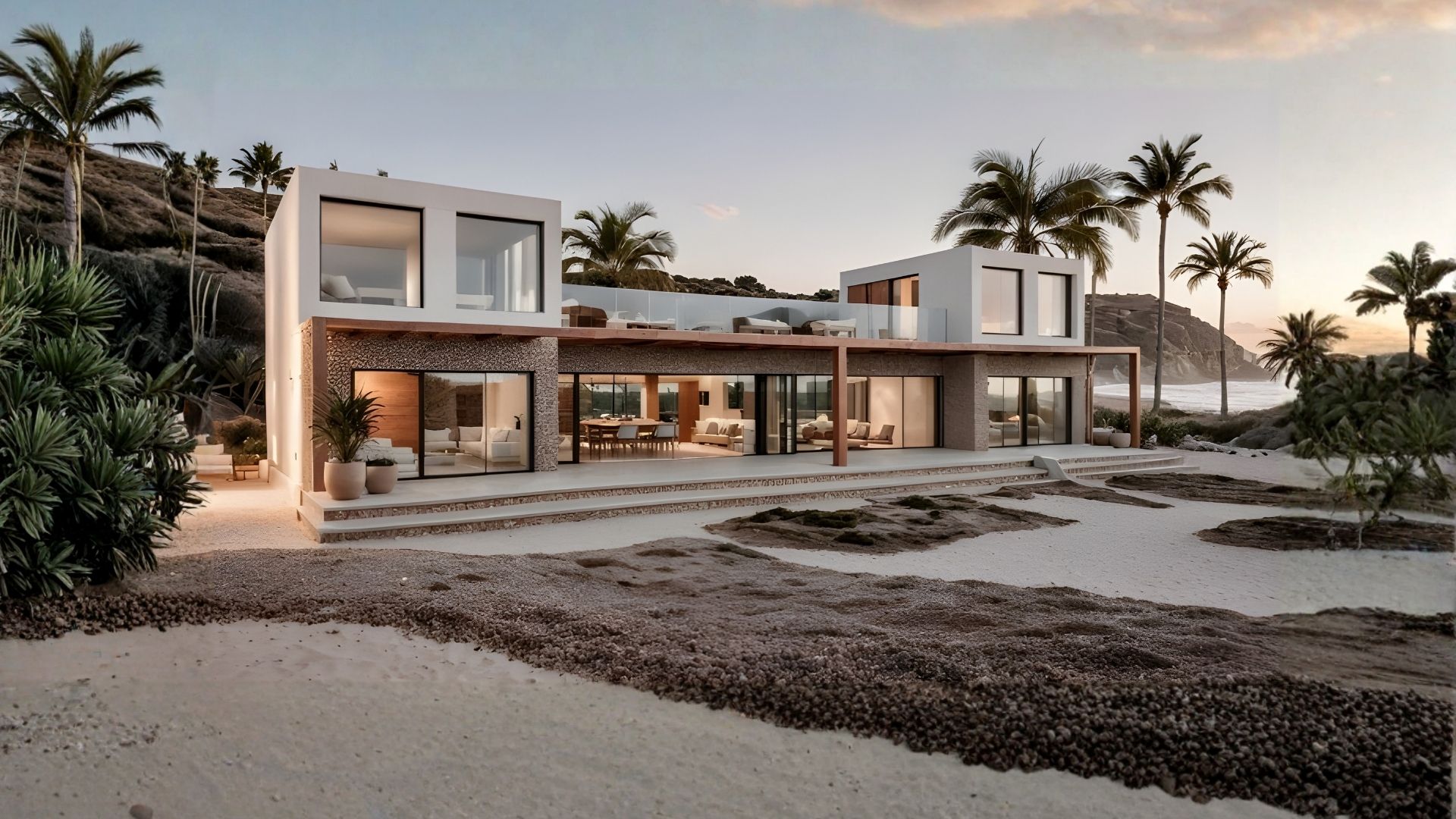 Modern two-story beachfront shipping container house with large glass windows, upper floor balconies, and outdoor seating, surrounded by palm trees and rocky landscape at sunset.