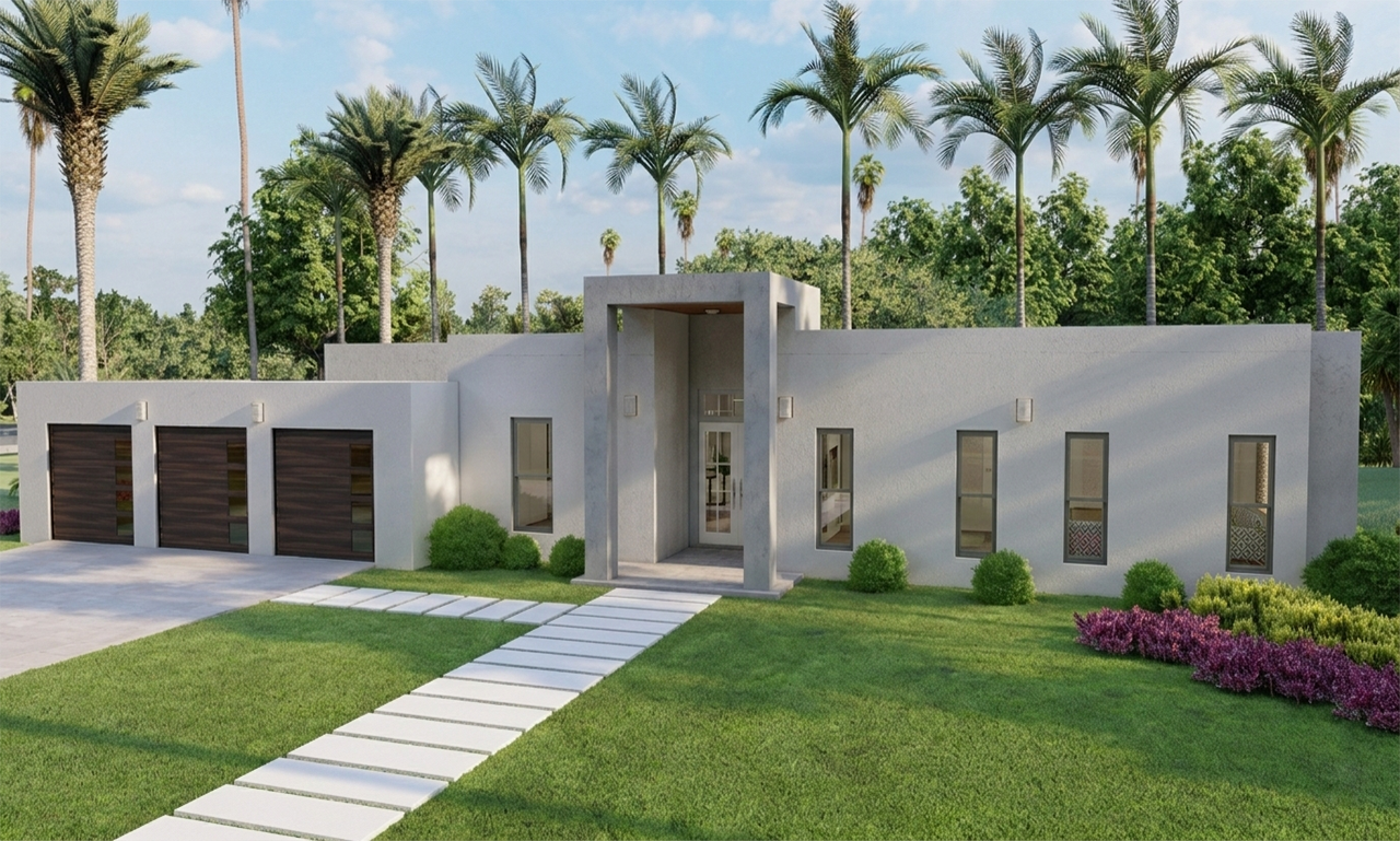 Modern single-story house with flat roof, three dark wooden garage doors on the left, a central entrance with tall rectangular frame and glass door, and several narrow vertical windows, surrounded by green lawn, bushes, and tall palm trees against a partly cloudy sky.