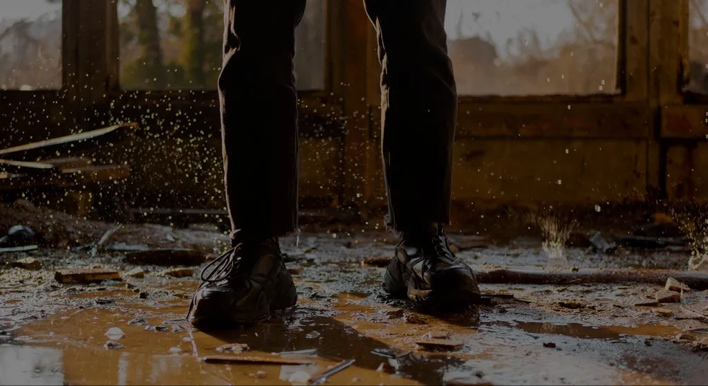 Work boots standing in muddy floodwater on a damaged floor