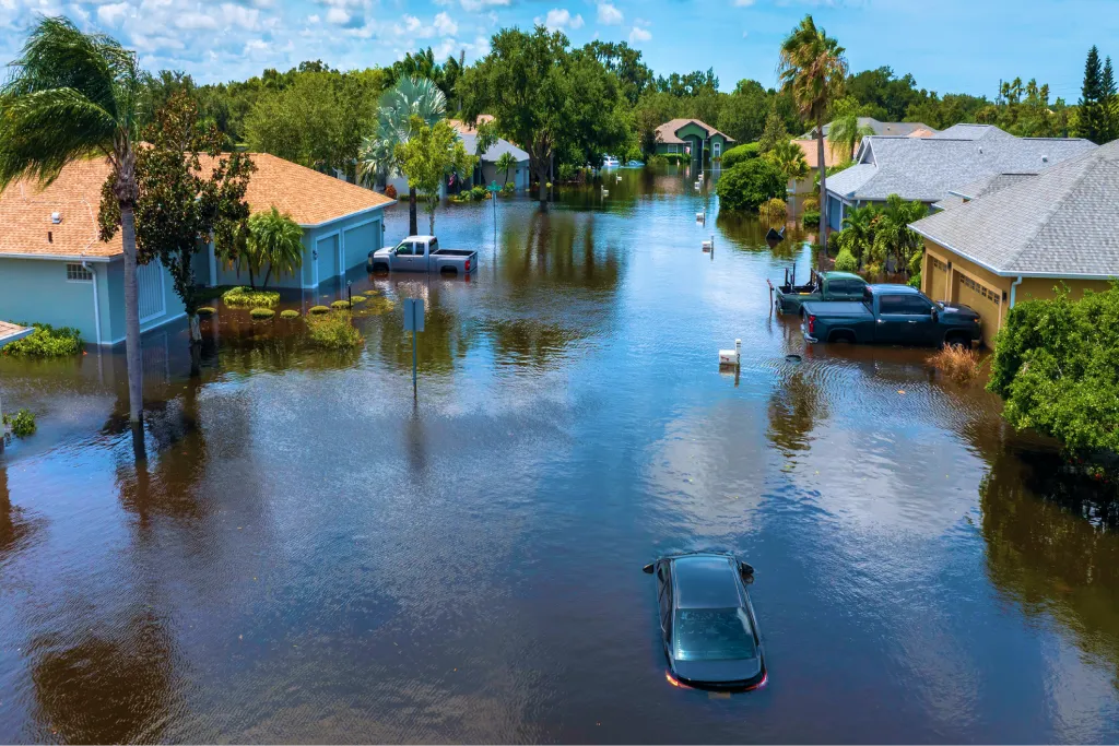Flooded neighborhood street during hurricane season