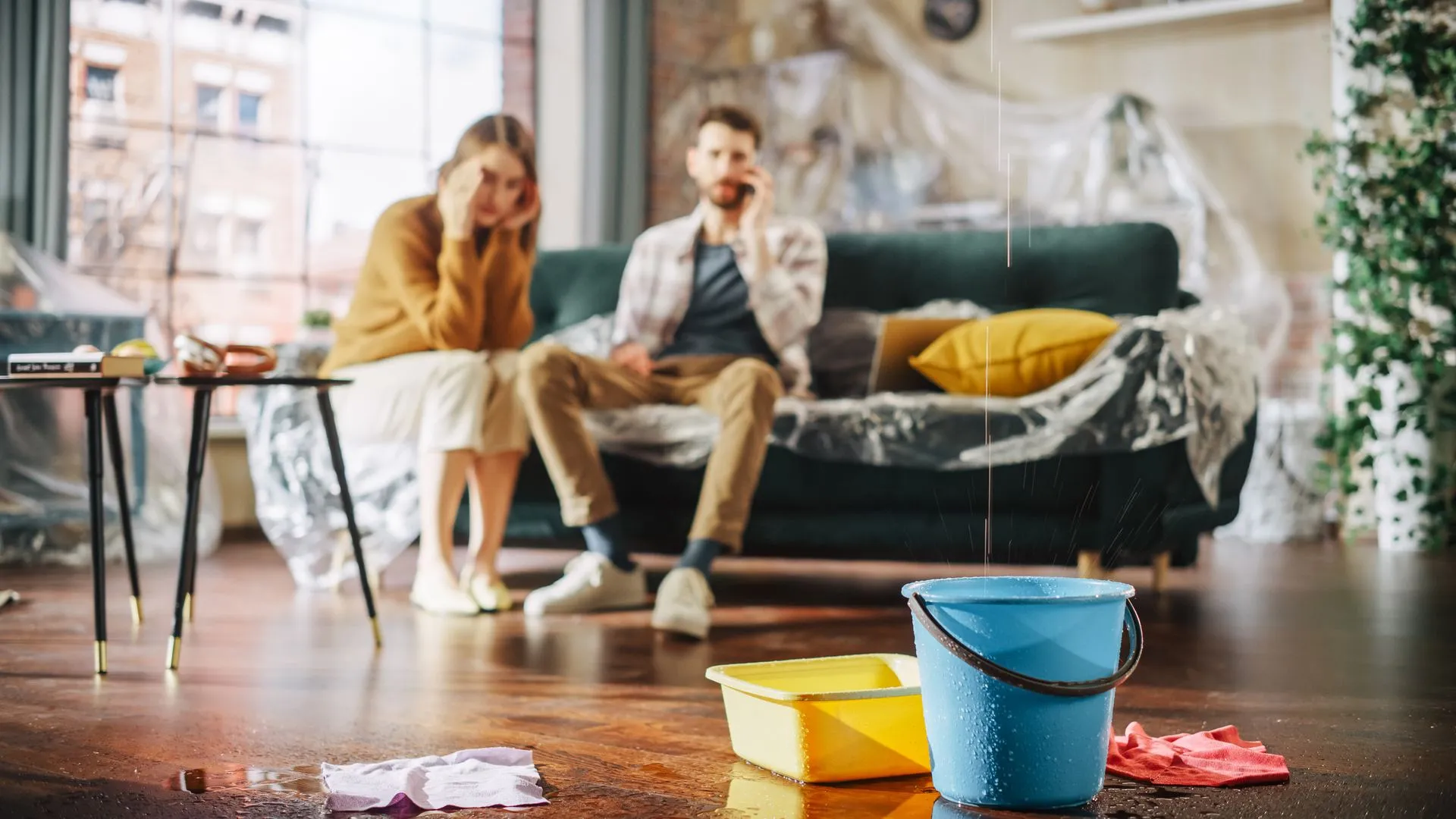 Homeowners standing in a flooded living room