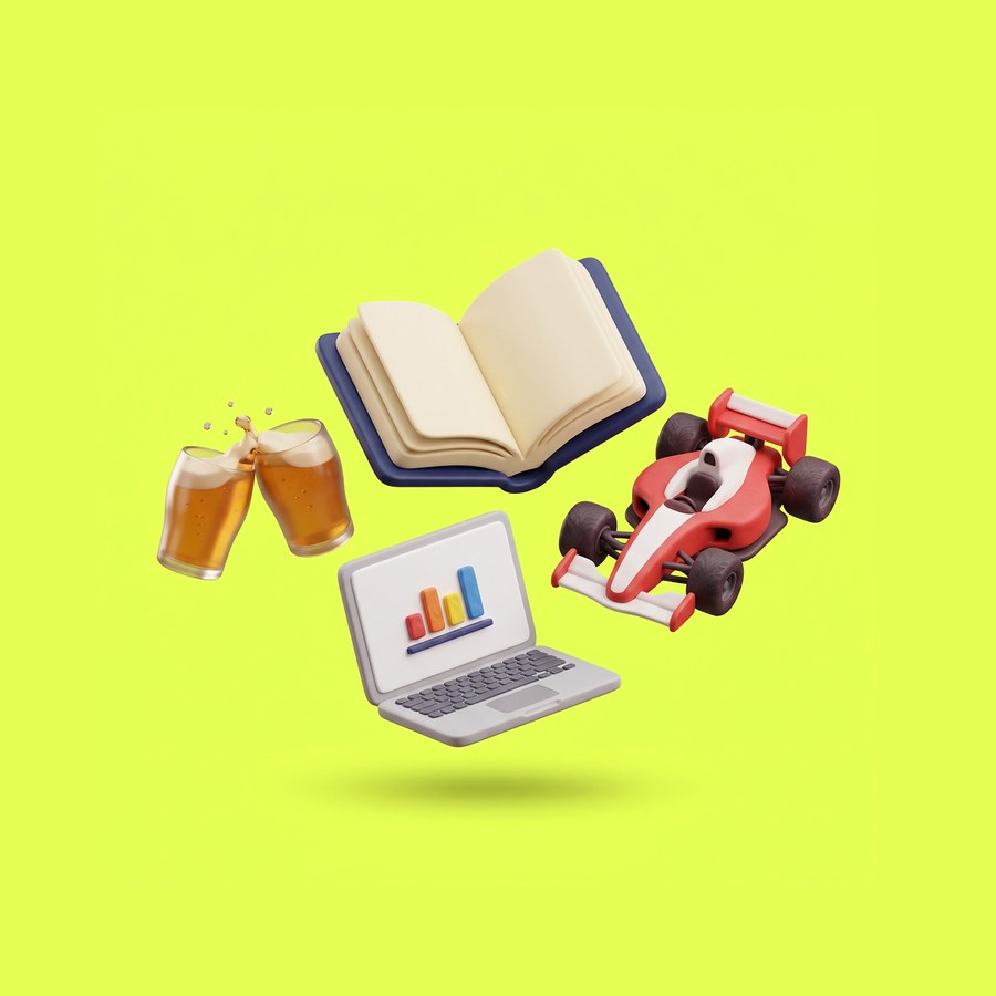Illustratie met een boek, een Formule 1-wagen, een laptop met grafiek en twee klinkende glazen