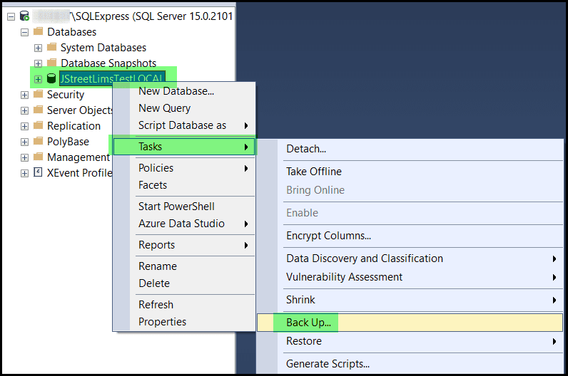 SQL Server Management Studio with Tasks and Backup selected on the LIMS database