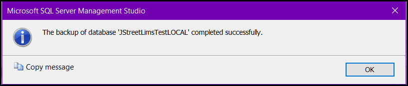 Dialog confirming the backup completed successfully