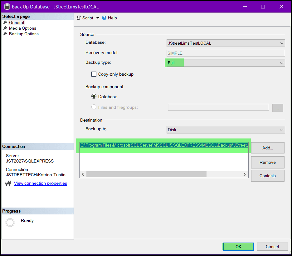 Back Up Database dialog with Backup Type set to FULL and the Back Up To file path