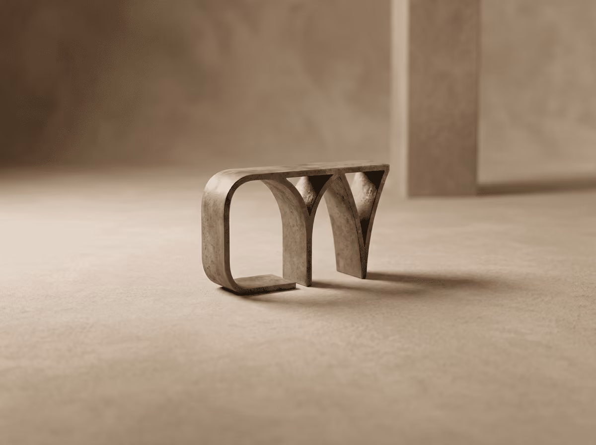 3D sculpture of stylized letters 'cyvv' in a muted beige indoor setting with shadows