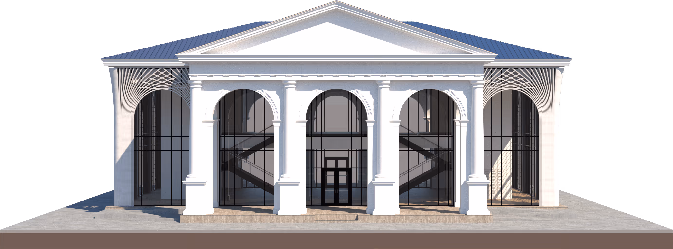 Modern white building with classical columns and large arched glass windows showing interior staircases.