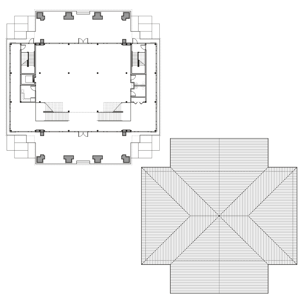 Architectural floor plan and roof plan of a building showing walls, doors, stairs, and roof structure.