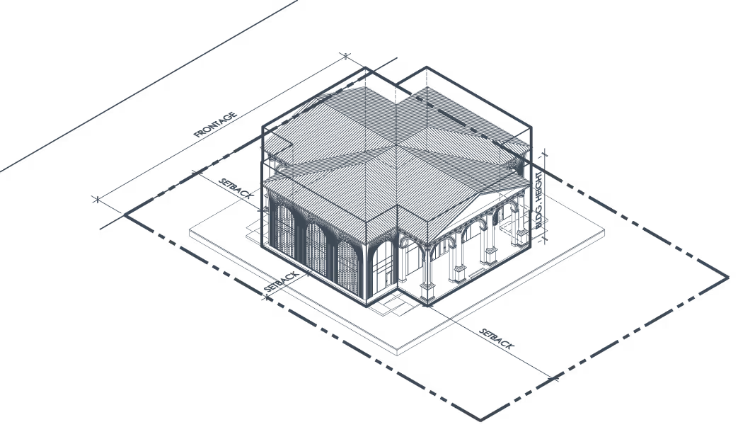 3D architectural drawing of a building with roof and measurements on a grid layout.