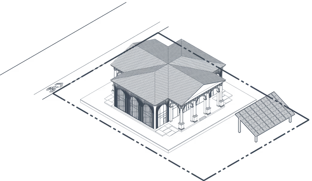 Isometric architectural drawing of a house with a carport and surrounding property lines.