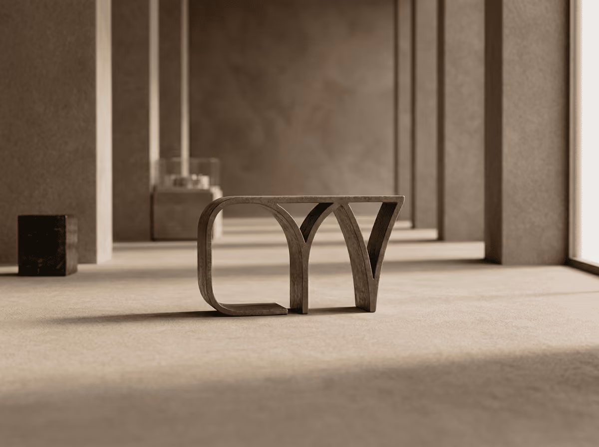 Wooden sculpture of stylized letters 'CYVV' on a beige floor in a minimalist room.