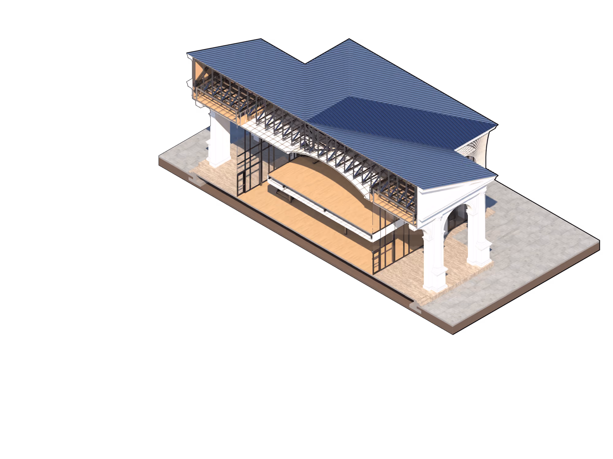 Isometric view of an open pavilion with white columns and blue metal roof structure.