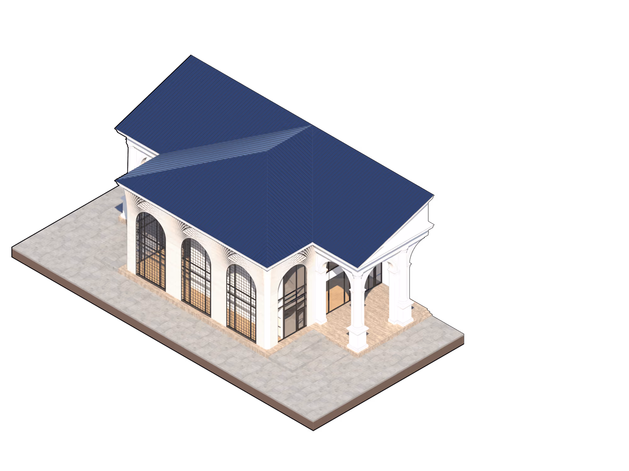 Isometric view of a small white building with large arched windows and a blue roof on a tiled base.