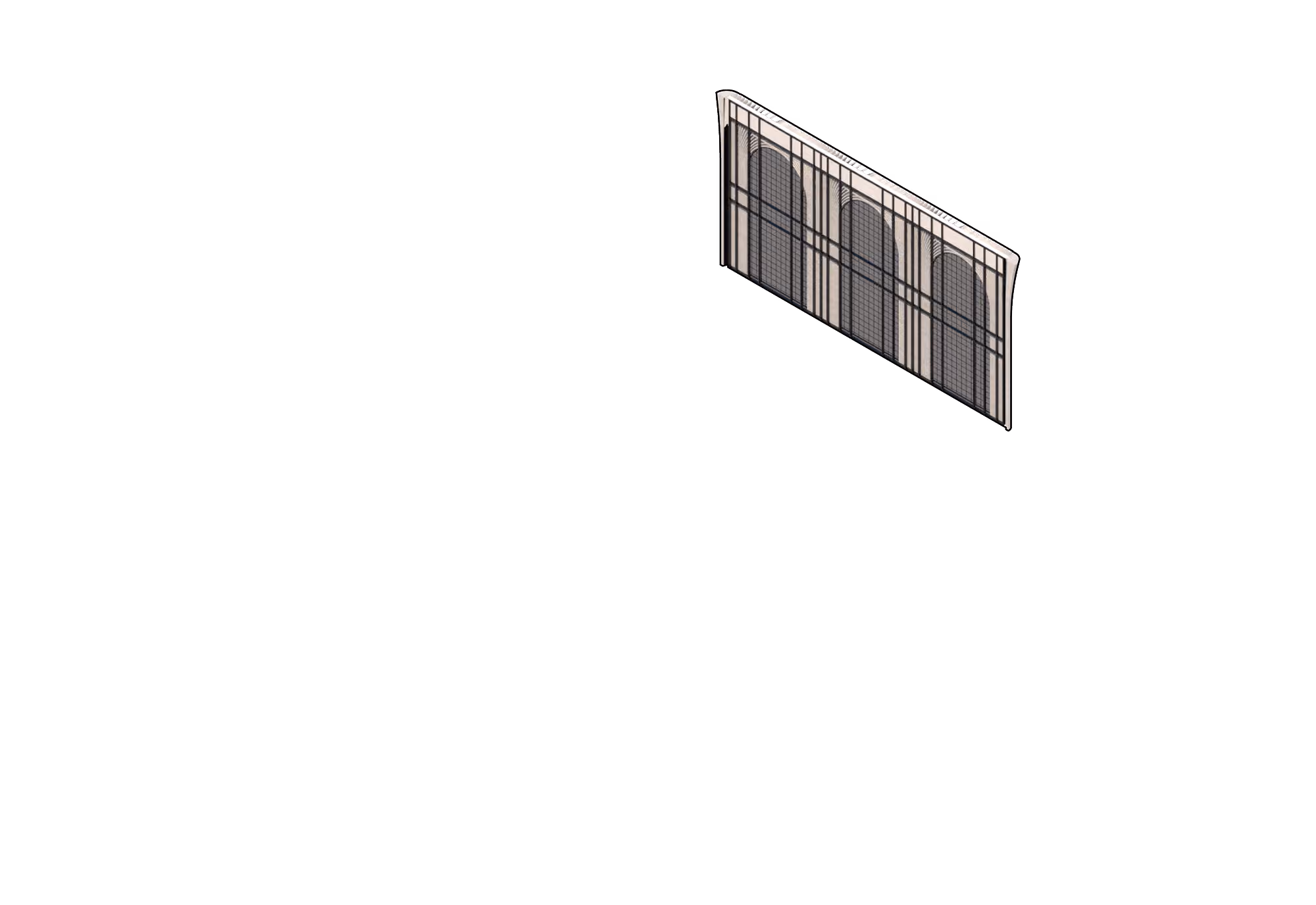 Illustration of an exterior wall featuring three arched windows with grid patterns.