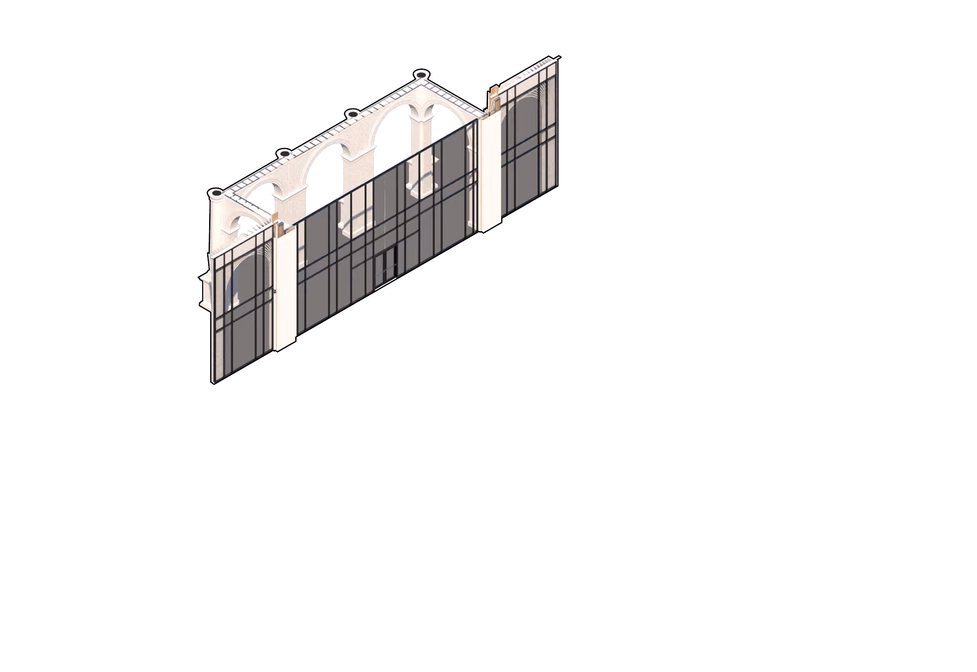 Isometric architectural drawing of a wall with arches and black framed glass panels.