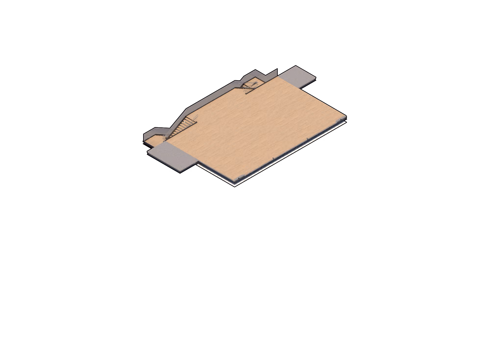 3D floor plan rendering of an empty room with wooden floor and stairs on one side.