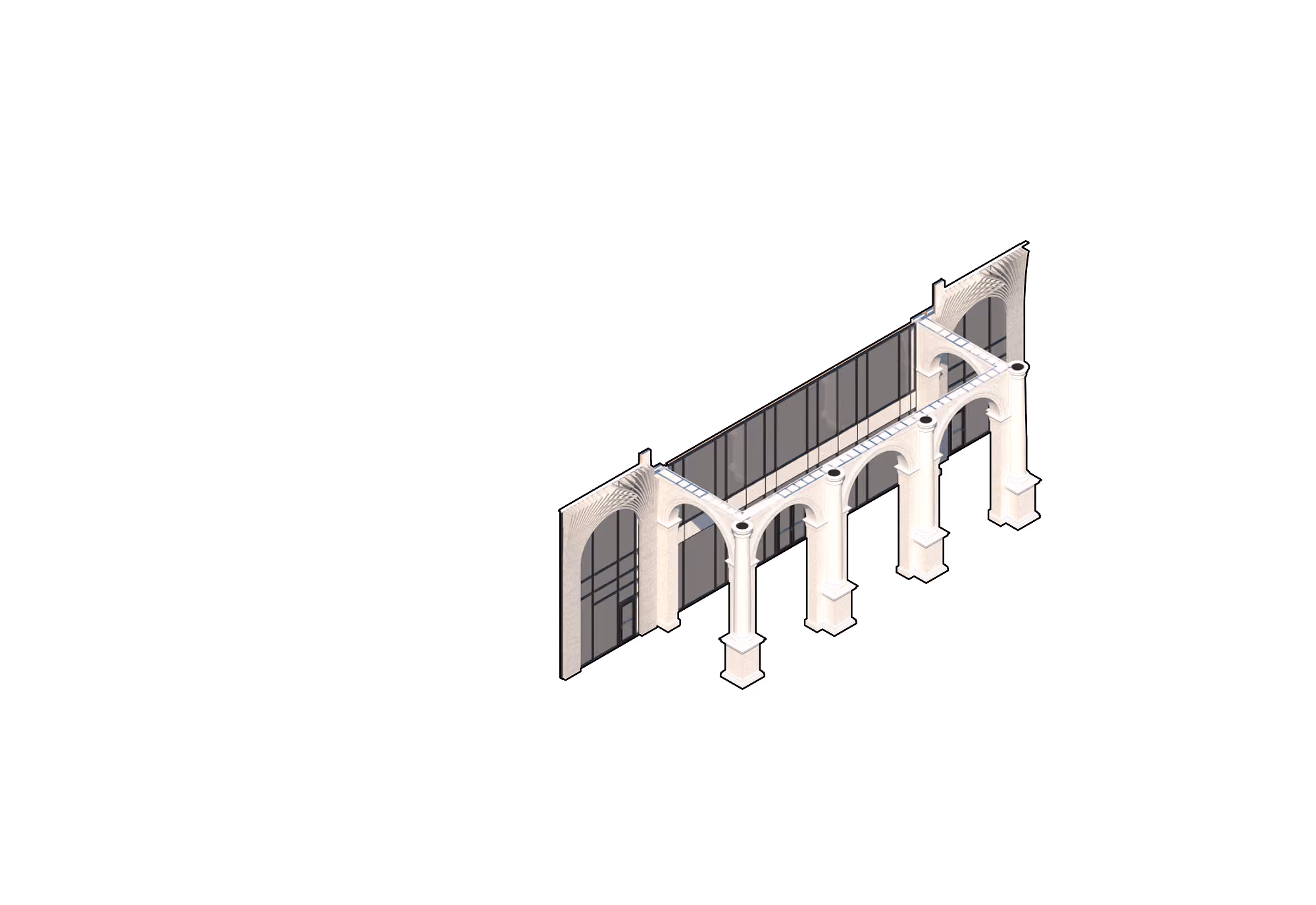 Isometric view of a modern glass wall with five white arched columns supporting it.